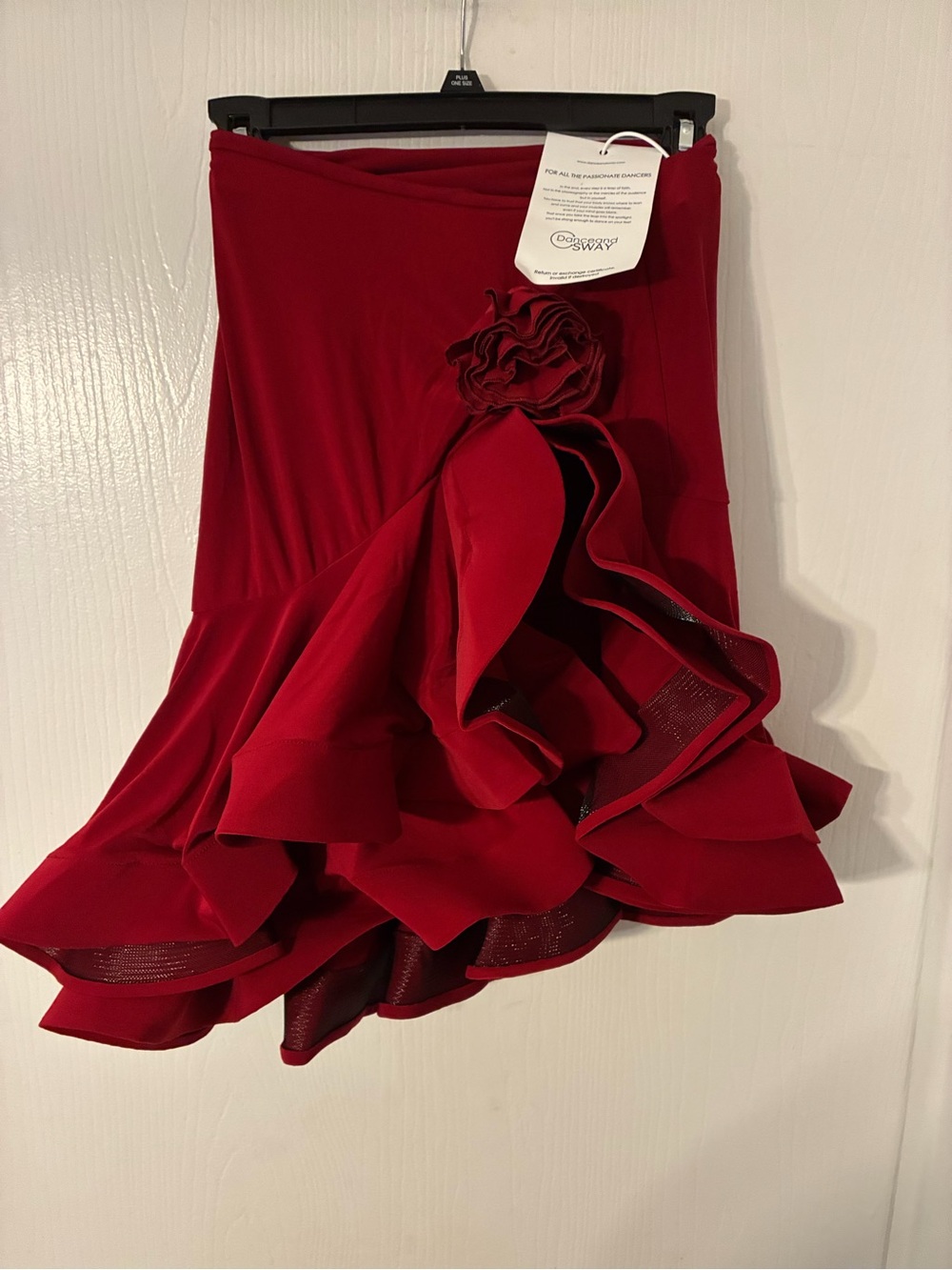 Dance and Sway Stretchy Red Ruffled Women’s Dance Skirt with Floral Accent XS